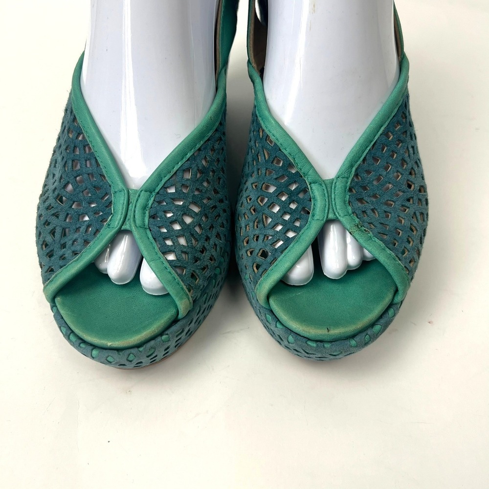 Audley London Teal Green Suede Laser Cut Wedge Sandals 9 Peep Toe Slingback Boho - Picture 2 of 12